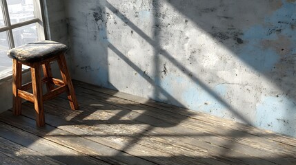 Sunlight streams through window illuminating weathered stool against old textured wall in empty corner space.