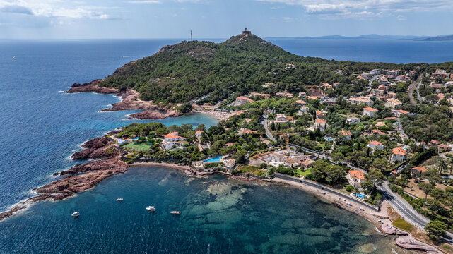 aerial landscape view of coastline along Agay Bay, French Riviera (C&ocirc;te d'Azur) with Cap Dramont, a nature preserve, Cap Esterel and "Plage de Pointe Lonques" Beaches, located in Saint-Rapha&euml;l 