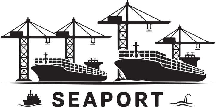 A stylized vector silhouette of a busy seaport shows two large container ships docked under giant cranes.