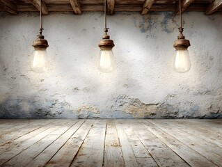 Three vintage light bulbs hang from the ceiling illuminating a weathered plaster wall and wooden floor space.