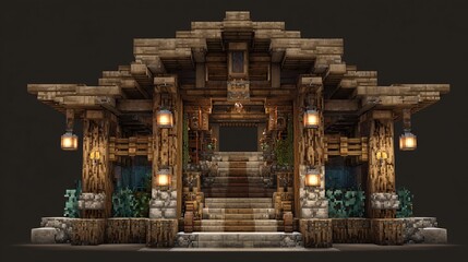 A rustic, wooden structure with a gabled roof, stone base, and central staircase.  Lanterns flank the entrance; potted plants add detail. The building 