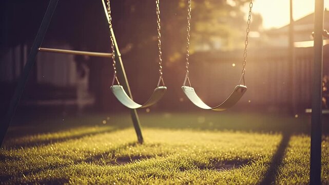 Two empty swings in a backyard during a warm, golden sunset, evoking a feeling of nostalgia.