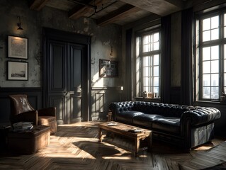 Fototapeta premium Sun streams into an elegant living room, illuminating a classic couch and vintage architecture details within.