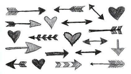 Hand-drawn sketch of various arrows and hearts