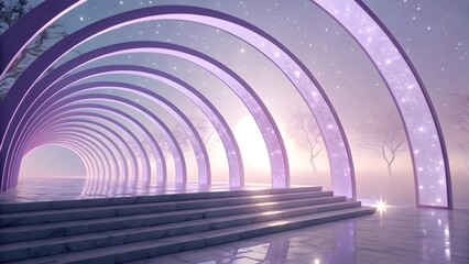 Obraz premium A dreamy lavender tunnel with arches and steps leading to a misty horizon with bare trees