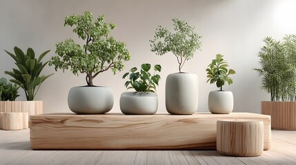 Assorted potted plants sit on a light wooden platform against a neutral wall in minimalist interior design.