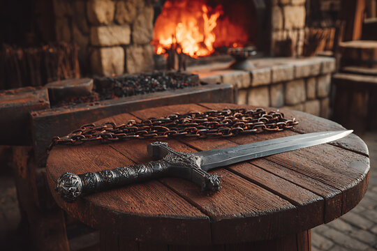 Medieval sword and rusty chain resting on wooden table in blacksmith's workshop