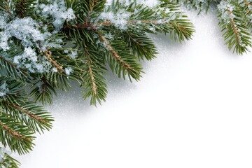 Frosted evergreen branches on a white background