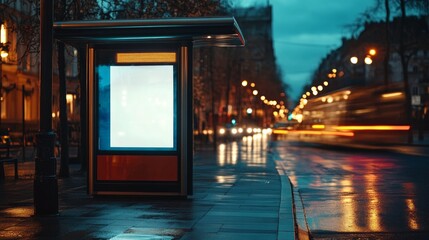 A mockup of a bus stop advertising display, located on a busy street corner, AI Generative.