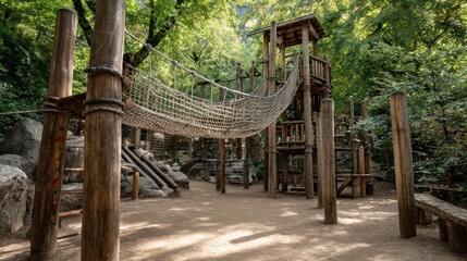Wooden outdoor play structure with rope bridges