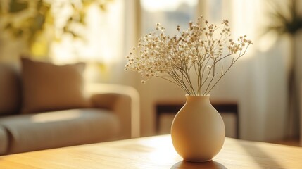 A photorealistic mockup of a minimalist ceramic vase with flowers, placed on a wooden coffee table in a sunlit living room, AI Generative.