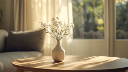 A photorealistic mockup of a minimalist ceramic vase with flowers, placed on a wooden coffee table in a sunlit living room, AI Generative.