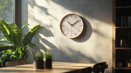 A photorealistic mockup of a modern wall clock hanging in a stylish dining room,AI Generative.
