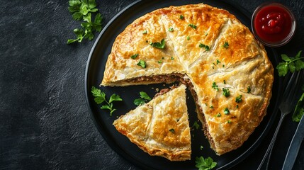 Traditional French Canadian meat pie with a flaky golden crust, sliced open to reveal spiced minced meat, served with homemade ketchup or chutney.