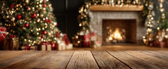 Christmas scene with a wooden table in front of a fireplace and trees