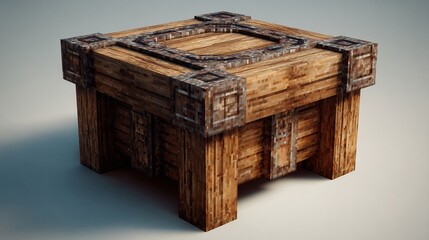 Square wooden crate, heavily ornamented with iron accents