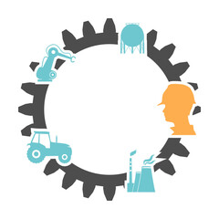 Portrait of worker with gear and industrial icons. Engineer with copy space. Project management, engineering and safety inspection. Infographic for business and technology information visualization.