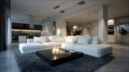 A bright open concept living room with a large white sectional couch, soft rug, and modern kitchen visible.
