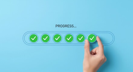 Hand completing a progress bar with multiple green checkmarks