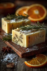 Two pale rectangular bars of soap, garnished with rosemary sprigs, rest on a dark wooden board, accompanied by orange slices and spices