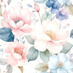 Watercolor floral seamless pattern featuring blush, blue, and white flowers with muted green leaves on a white background