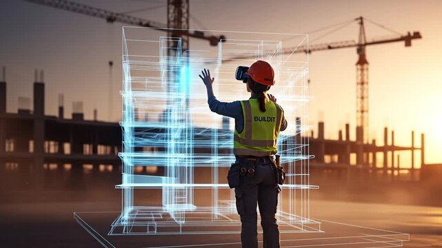 A female engineer on a construction site using a VR headset to view a holographic blueprint.