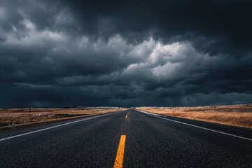Naklejka premium Empty highway stretches into a dark, stormy sky