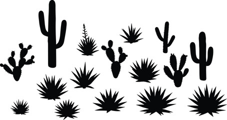 Black silhouette vector set of various cactus and succulent plant icons for desert, botanical, nature, gardening, and decorative design projects
