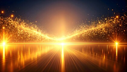 Abstract golden light display with sparkling particles, reflecting on a surface, creating a radiant and luminous effect.