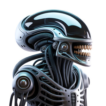 Discover a robotic alien with bone teeth, gleaming metal and a sleek head design of futuristic tech