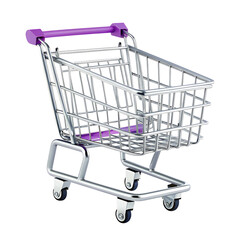 Miniature shopping cart with purple handle isolated on a transparent background metal cart