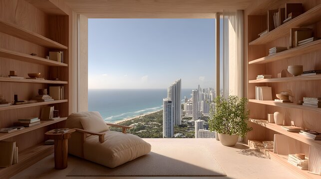 Modern living room boasts ocean view with open layout and custom built in shelving in luxury residence home.