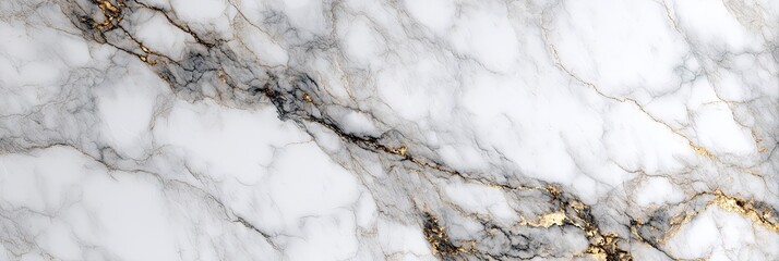 Detailed close-up of white marble with grey and gold veining