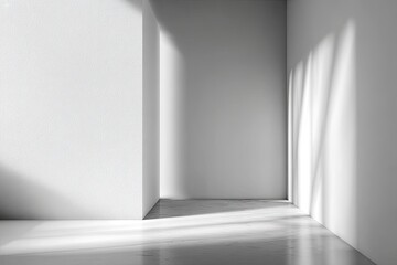Empty white room with sunbeams casting shadows