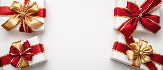 Four white gift boxes adorned with gold and red ribbons, arranged on a white background