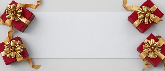 Four red gift boxes with gold ribbons and bows on a white background