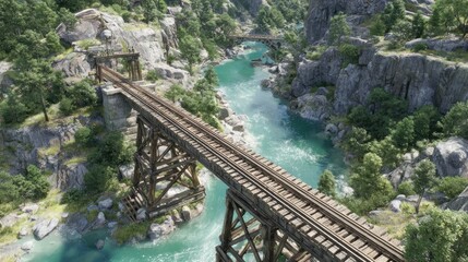 Wooden railroad bridge over turquoise river