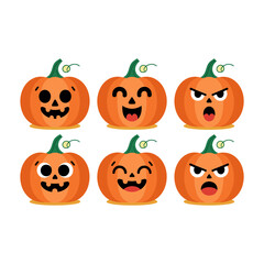 Pumpkin expression set, five cute pumpkins, happy angry surprised faces, autumn emoji icons, Halloween character pack, playful vector clipart