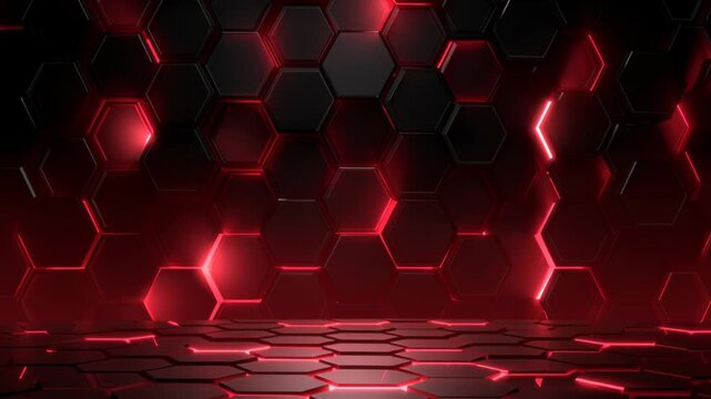 Black hexagons pattern with red light outlines, wall and floor, abstract background