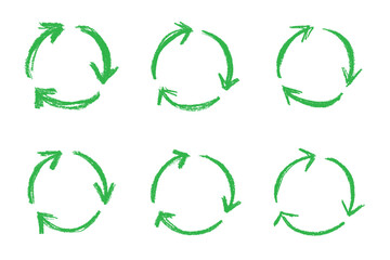 Set of hand drawn recycle arrow icon Recycling resources symbol Reuse of materials, zero waste, green environment, saving the planet
