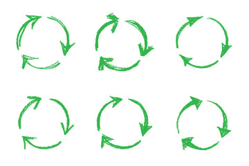 Set of hand drawn recycle arrow icon Recycling resources symbol Reuse of materials, zero waste, green environment, saving the planet