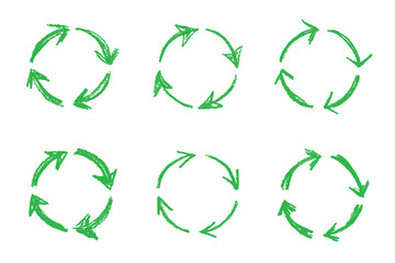 Set of hand drawn recycle arrow icon Recycling resources symbol Reuse of materials, zero waste, green environment, saving the planet