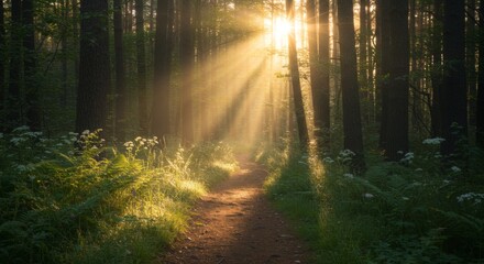 Obraz premium Sunlit Forest Path with Golden Hour Light