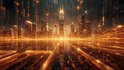 Futuristic Digital City Skyline with Glowing Data Streams – Smart City, Technology Infrastructure, Artificial Intelligence, Big Data, Innovation and Virtual Network Background