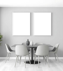  A minimalist dining area with gray table and chairs, two ISO A poster mockups in thin white frames above, styled with ceramic vases.