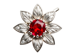 Ruby flower brooch with diamonds features intricate silver petals and a vibrant red gemstone, perfect for elegant jewelry collections or luxury fashion accessories.