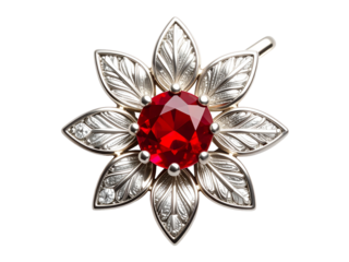 Ruby flower brooch with diamonds features intricate silver petals and a vibrant red gemstone, perfect for elegant jewelry collections or luxury fashion accessories.