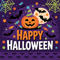 Happy Halloween square with jack o lantern and webs, stars, bats, purple night vector