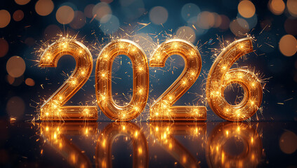 Happy New Year 2026 golden numbers with sparkling fireworks and festive bokeh background
