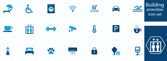 Building amenities icon set. Facilities, parking, elevator, garden, security, reception, swimming pool, concierge, pet friendly, gym and more.